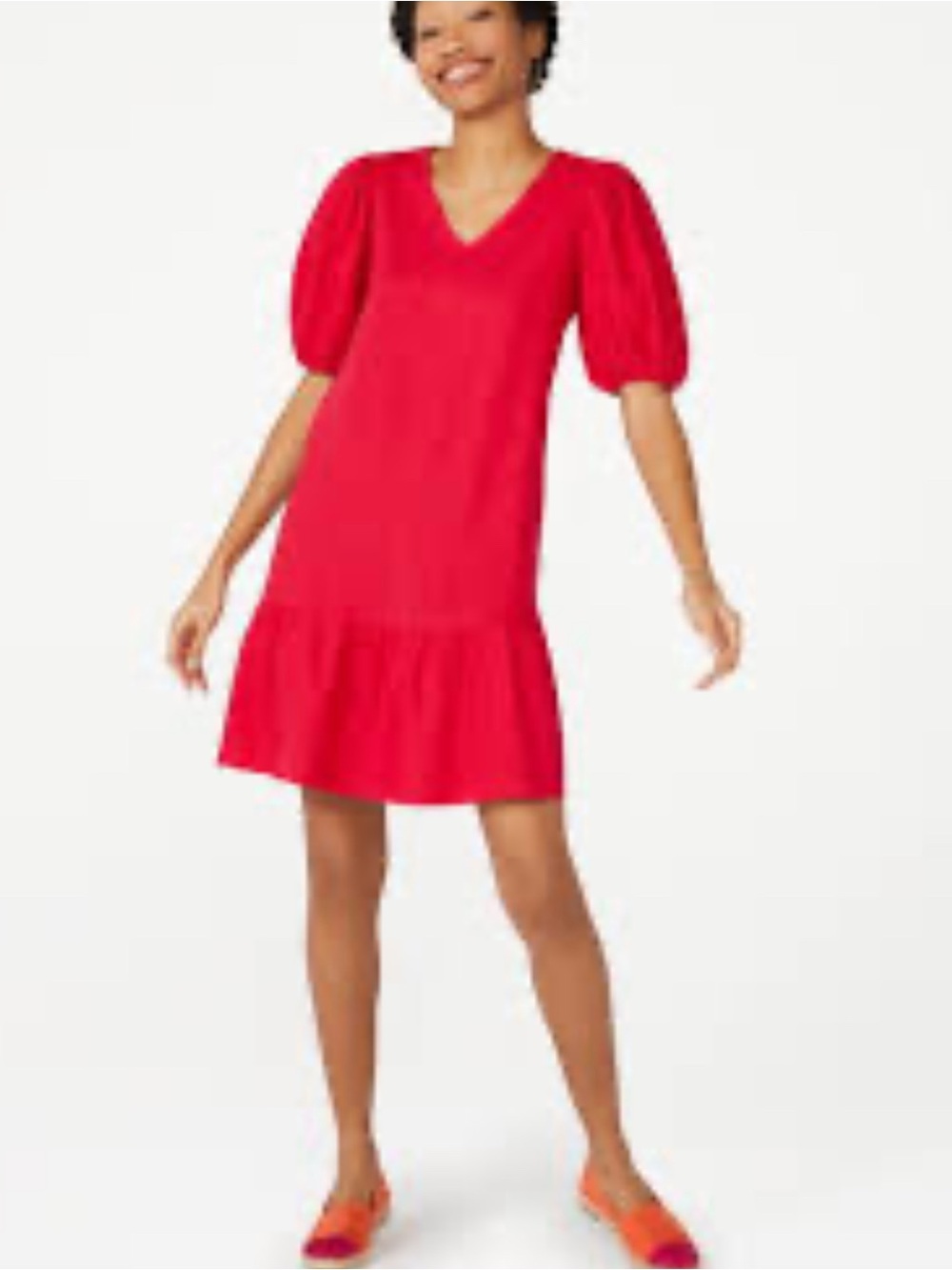 C. Wonder Women's V-Neck Puff Sleeve Linen Blend Red Dress M